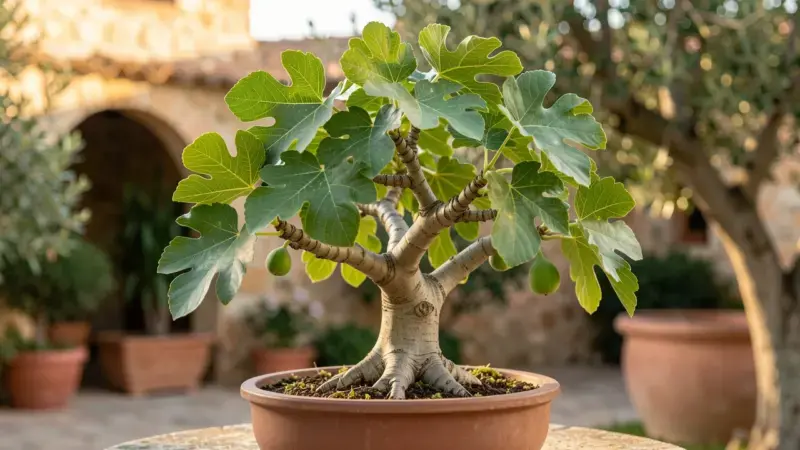 Higuera bonsai Ficus carica con hojas grandes lobuladas e higos pequenos en desarrollo sobre corteza gris envejecida - higuer