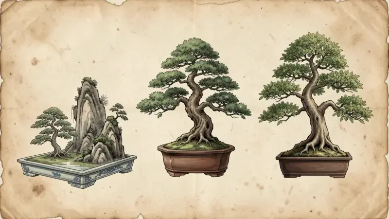 Evolucion historica del bonsai desde el penjing chino en bandeja de ceramica hasta el bonsai japones clasico y el bonsai euro