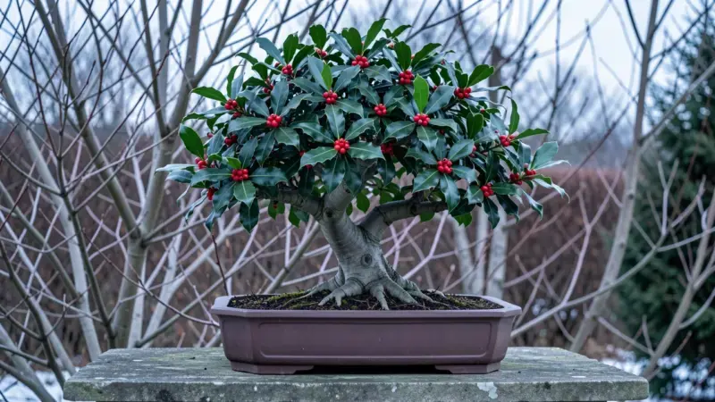 Acebo bonsai Ilex aquifolium con hojas verdes brillantes espinosas y bayas rojas en invierno - acebo bonsai