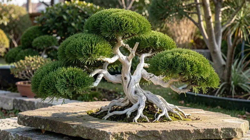 Juniperus procumbens nana bonsai estilo viento azotado con follaje verde compacto y madera muerta blanqueada shari jin - juni