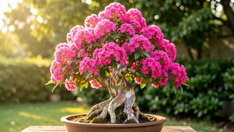 Lagerstroemia indica bonsai con flores rosa abundantes y corteza exfoliante multicolor blanca gris y rosa - lagerstroemia bon