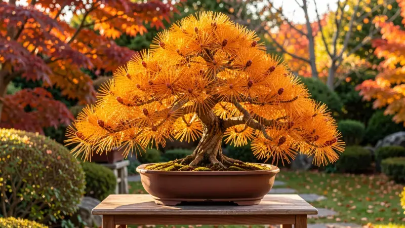 Larix kaempferi bonsai con agujas doradas en otono y conos rojizos sobre ramas finas - larix bonsai alerce
