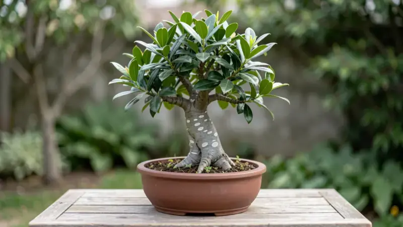 Laurel bonsai Laurus nobilis con hojas brillantes verde oscuro aromaticas y corteza gris con lenticelas blancas - laurel bons
