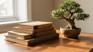 Coleccion de libros de bonsai apilados en escritorio de madera junto a bonsai clasico en maceta ceramica con luz natural de v