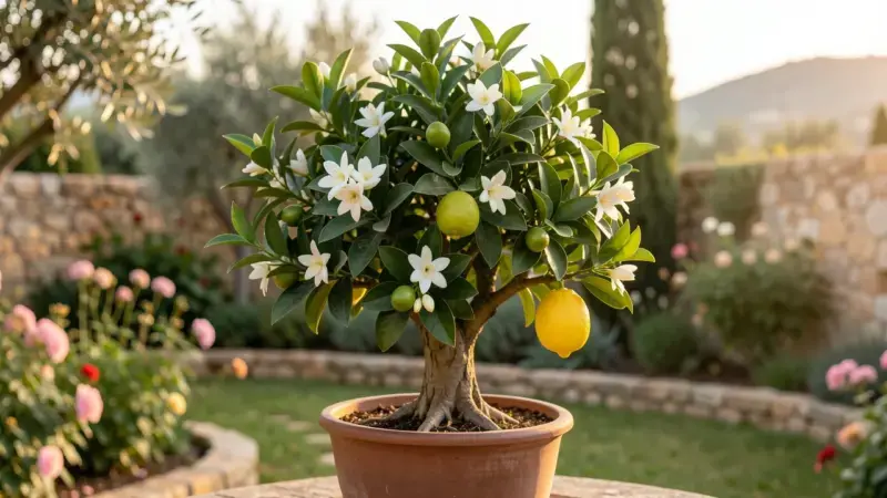 Limonero bonsai Citrus meyeri con flores blancas, limon verde y limon maduro amarillo al mismo tiempo - limonero bonsai