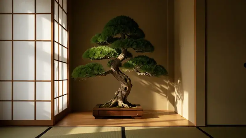 Bonsai de junipero en tokonoma japones con luz difusa de shoji papel sobre tatami con sombras dramaticas en el tronco retorci