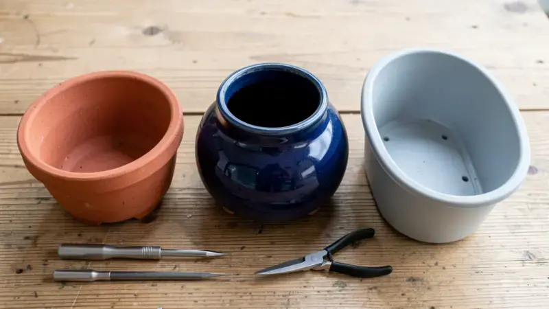 Tres tipos de macetas bonsai comparadas - barro sin vidriar de terracota, ceramica vidriada azul y maceta plastica entrenamie
