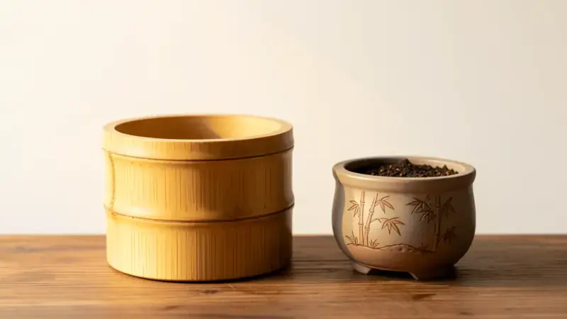 Maceta de bambu natural y maceta ceramica con motivo bambu para bonsai sobre superficie de madera