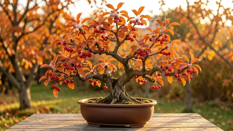 Manzano bonsai Malus floribunda con manzanitas rojas pequenas y follaje otonal rojo naranja en ramas retorcidas - manzano bon