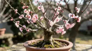 Melocotonero bonsai Prunus persica en flor, ramas con flores rosas en maceta ceramica