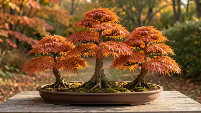 Metasequoia bonsai bosque con hojas rojizas en otono sobre maceta plana oval - metasequoia bonsai arbol fosil viviente