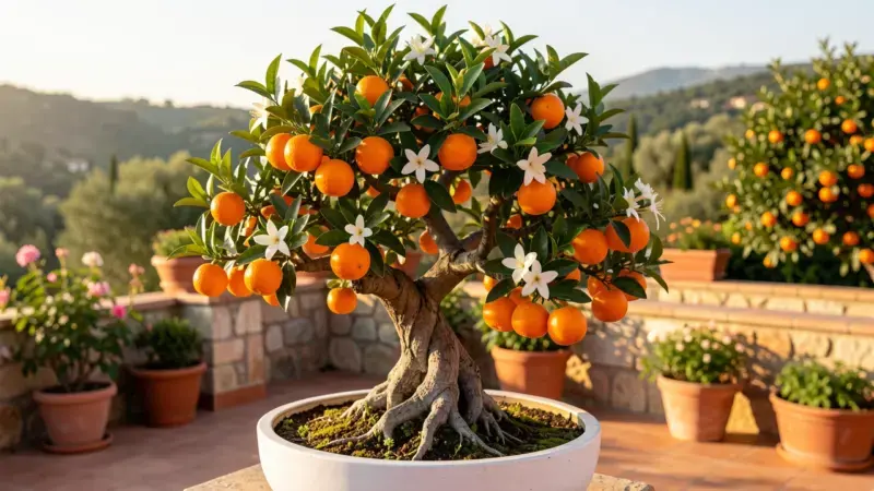 Naranjo bonsai Citrus myrtifolia con flores blancas perfumadas y naranjas pequenas maduras simultaneamente en ramas - naranjo