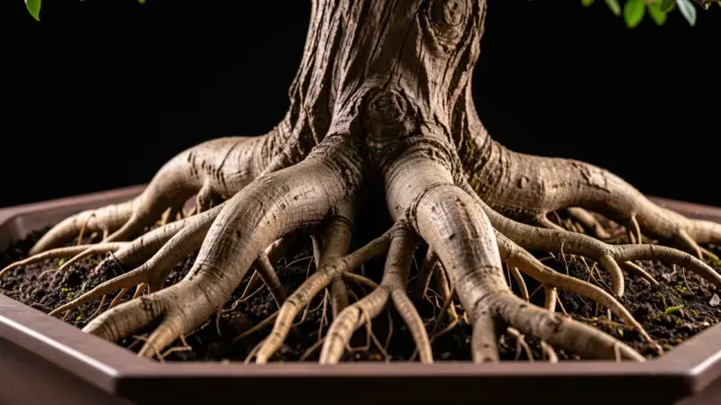 Nebari espectacular de bonsai con raices superficiales radiando desde la base del tronco en maceta rectangular poco profunda