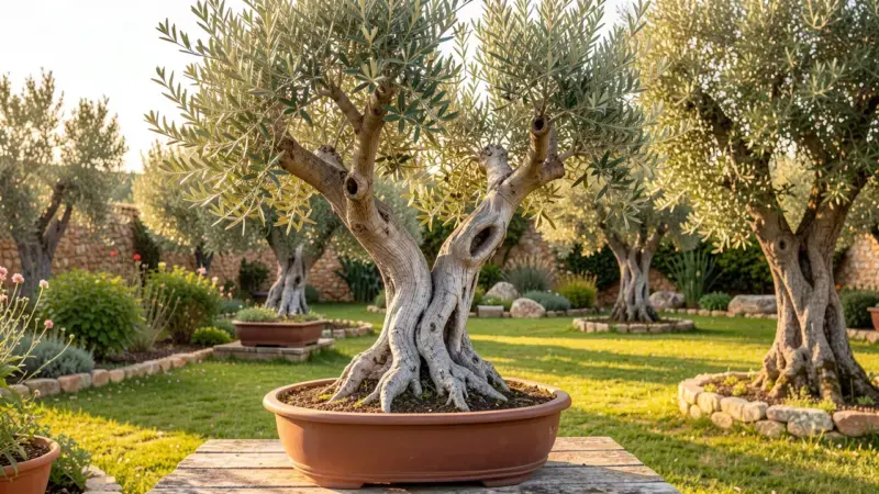Bonsai de olivo con corteza plateada agrietada y shari natural sobre maceta cerámica en jardín mediterráneo - olivo bonsai ol
