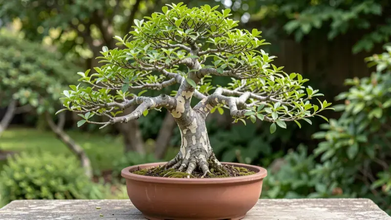 Olmo chino Ulmus parvifolia bonsai con corteza exfoliante en maceta ceramica - olmo bonsai cuidados