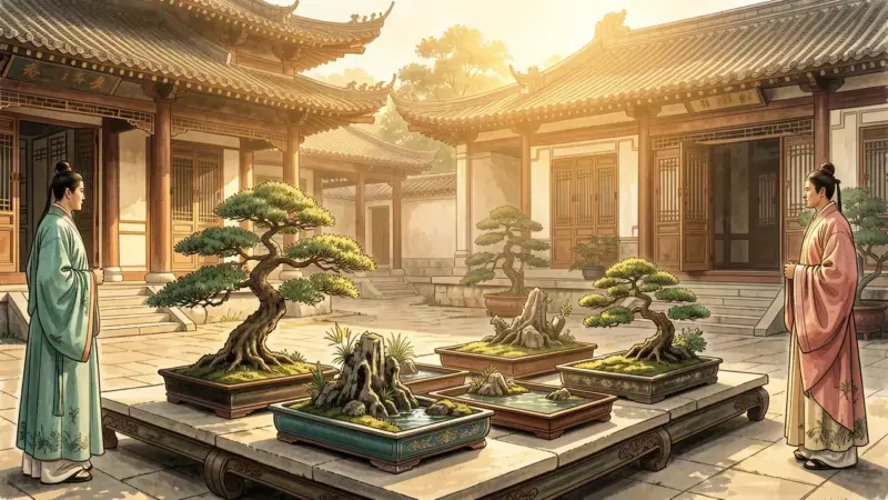 Penjing chino clasico en bandeja ceramica en patio de dinastia Tang mostrando el origen chino del arte del bonsai