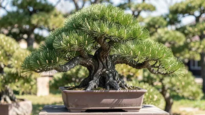 Pinus thunbergii pino negro japones bonsai con agujas cortas densas candiles de primavera y tronco con corteza oscura retorci