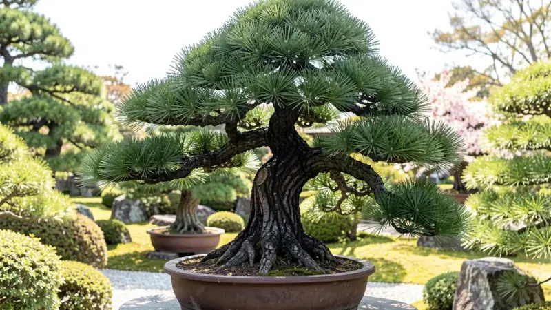 Pinus thunbergii pino negro japones bonsai kuromatsu con corteza oscura profundamente surcada tronco poderoso agujas verde os