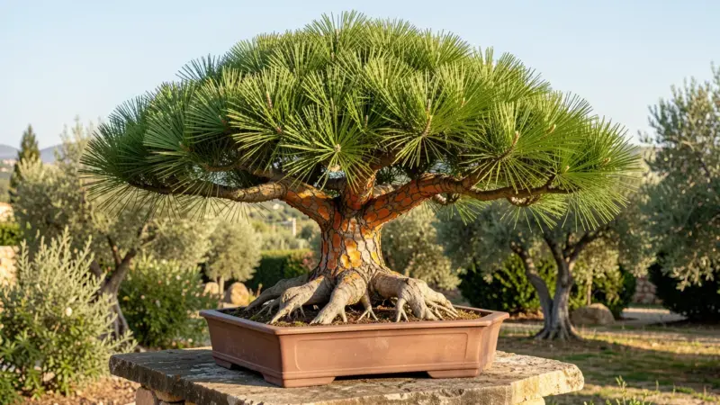 Pino pinonero bonsai Pinus pinea con copa en forma de paraguas y corteza escamosa naranja-gris - pino pinonero bonsai