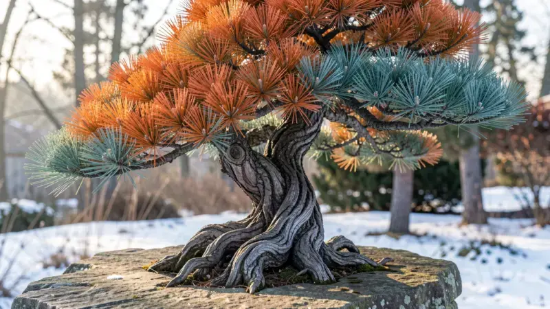 Pino silvestre Pinus sylvestris bonsai con corteza naranja en ramas superiores y gris fisurado en el tronco - pino silvestre
