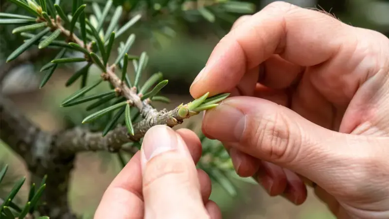 Manos pellizcando brote nuevo de junipero bonsai con los dedos en tecnica de pinzado eliminando la punta tierna del brote