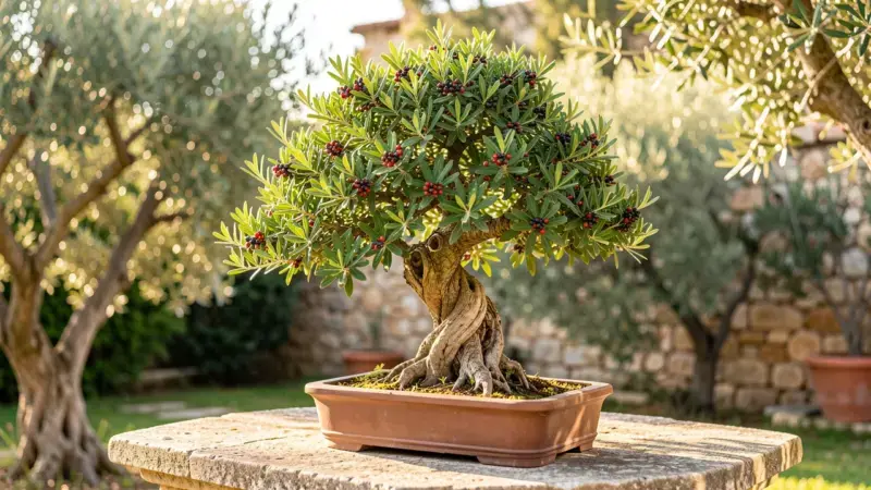 Pistacia lentiscus lentisco bonsai con follaje perenne denso y frutos rojo-negros tronco retorcido mediterraneo - pistacia le