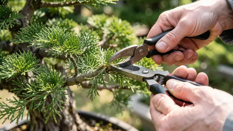 Manos podando un bonsai enebro con cortaramas cóncavas - poda bonsai técnica y herramientas