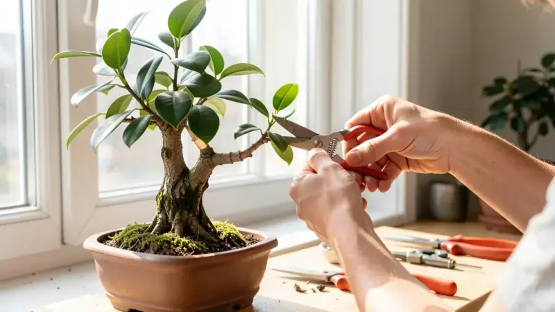 Tijeras podando rama de ficus retusa bonsai junto a ventana con luz de tarde - poda bonsai interior mantenimiento