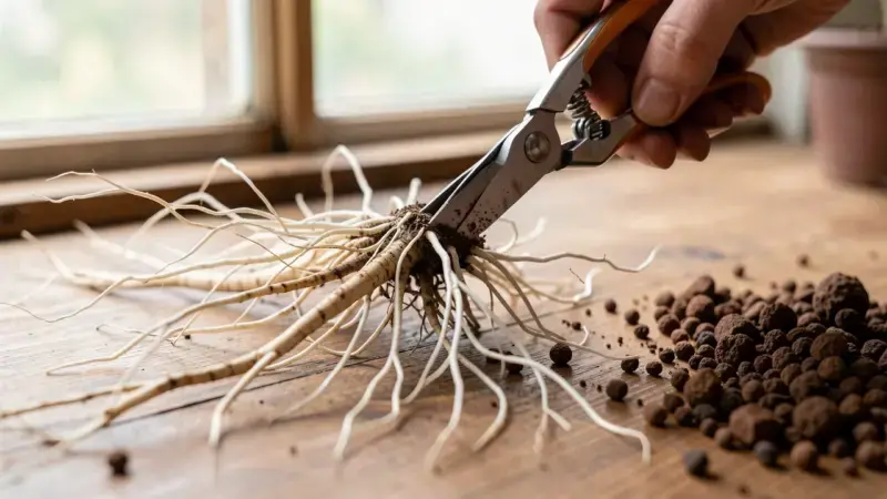 Tijeras de poda de raices cortando raiz pivotante de bonsai con masa radicular compacta blanca - poda raices bonsai estimular