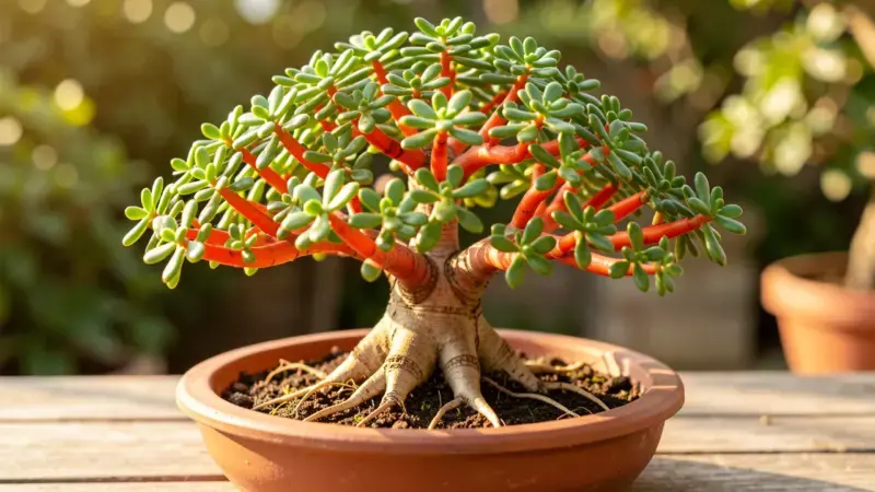 Portulacaria afra bonsai con tallos rojizos caracteristicos y hojas diminutas redondeadas - portulacaria afra bonsai jade ena