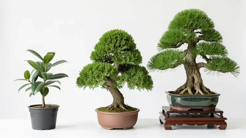 Comparativa de tres bonsai a distintos niveles de precio: ficus economico, junipero intermedio y pino de coleccion