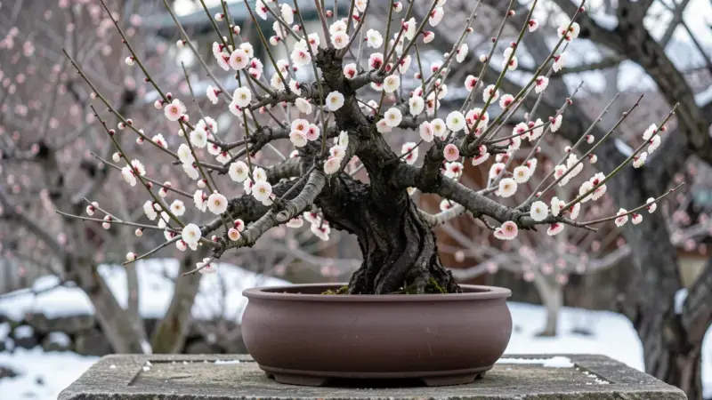 Prunus mume ume bonsai en floracion invernal cubierto de flores blancas y rosas perfumadas ramas desnudas tronco retorcido -