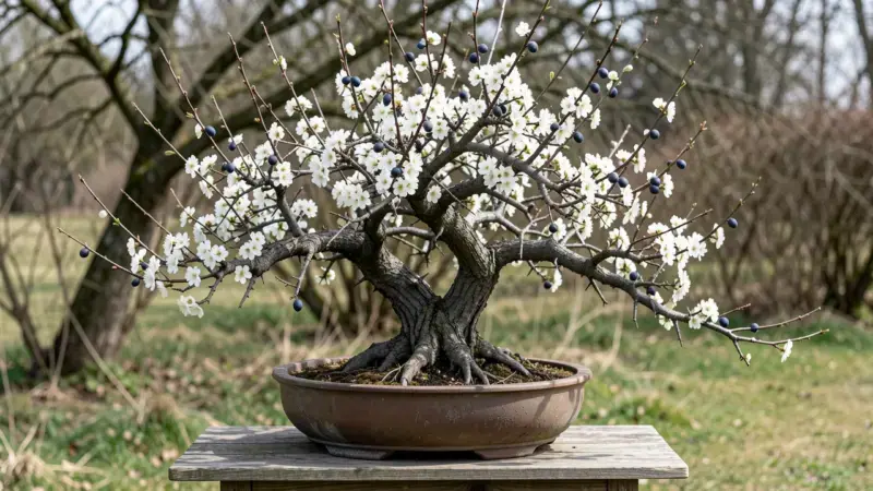 Prunus spinosa endrino bonsai con nube blanca de flores sobre ramas desnudas espinosas endrinas azules - prunus spinosa bonsa