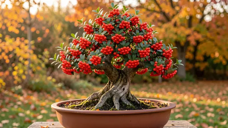 Pyracantha coccinea espino de fuego bonsai con racimos de bayas rojas en otono - pyracantha bonsai