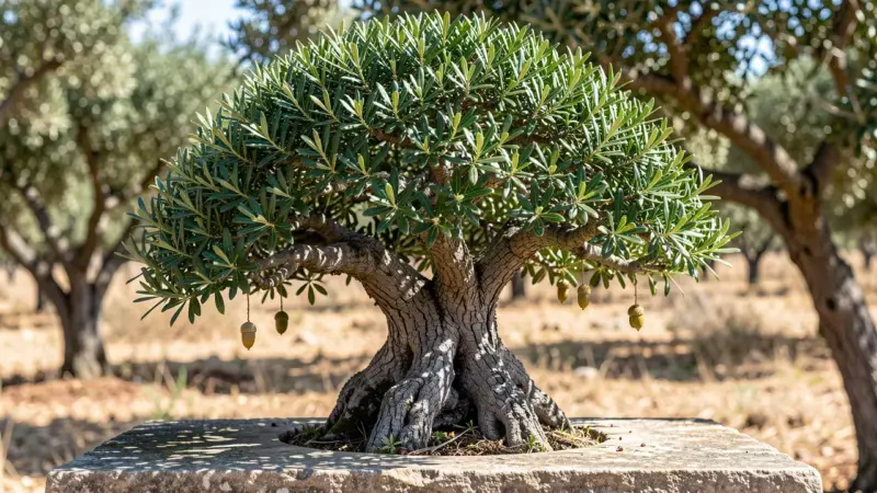 Quercus ilex encina bonsai con hojas perennes oscuras y bellotas colgando del tronco rugoso dehesa - quercus ilex bonsai
