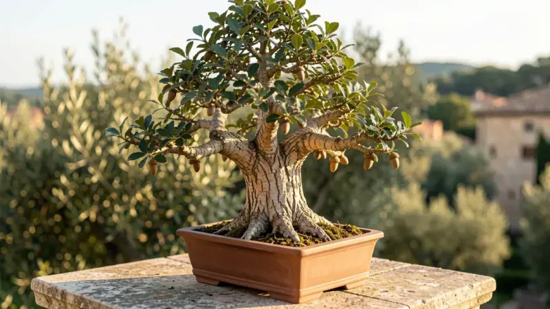 Quercus suber alcornoque bonsai con la gruesa corteza de corcho esponjosa profundamente surcada y bellota en cupula escamosa
