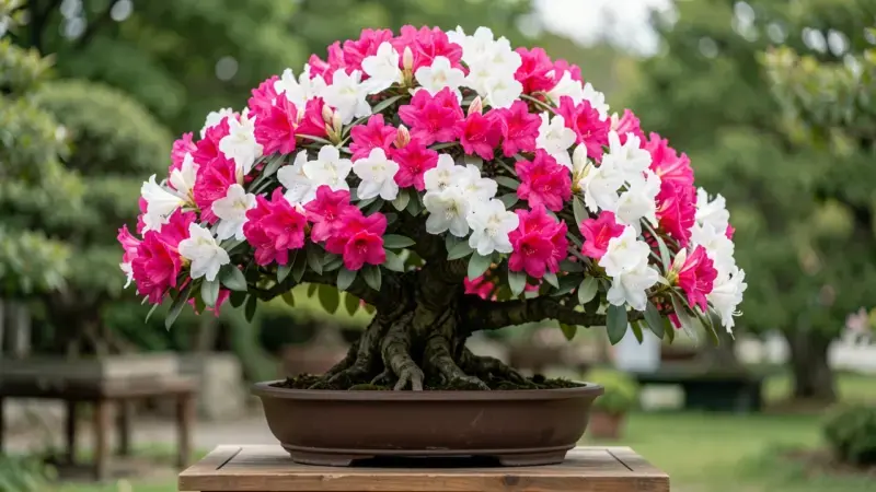 Rhododendron Satsuki bonsai en plena floracion cubierto de flores rosas y blancas bicolores sobre tronco retorcido - rhododen