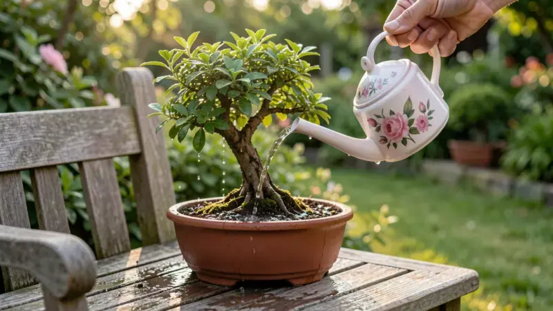 Regadera con alcachofa fina regando un bonsai en maceta de terracota - riego bonsai técnica correcta