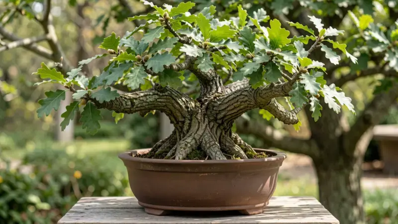 Roble Quercus bonsai con hojas lobuladas verdes y corteza rugosa en maceta pesada - roble bonsai cuidados