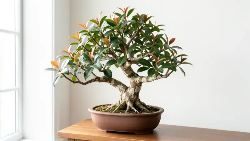 Sageretia theezans bonsai con corteza exfoliante en parches y brotes nuevos cobrizo-rojizos junto a hojas verdes maduras - sa