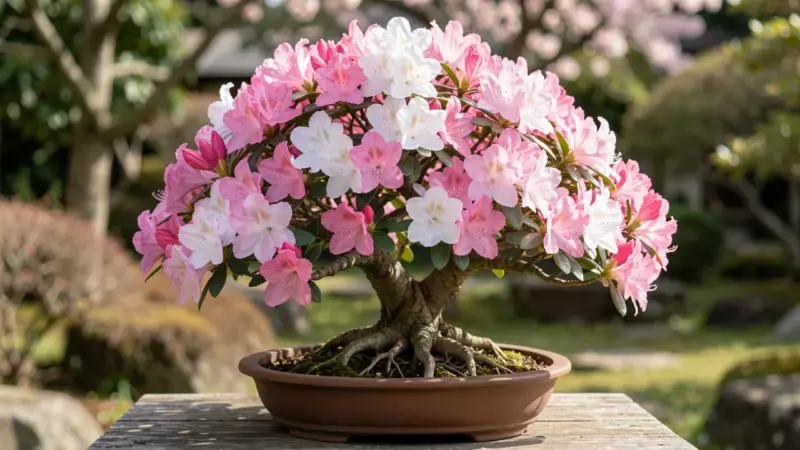 Satsuki azalea bonsai con flores rosas y blancas cubriendo la copa en primavera - satsuki bonsai