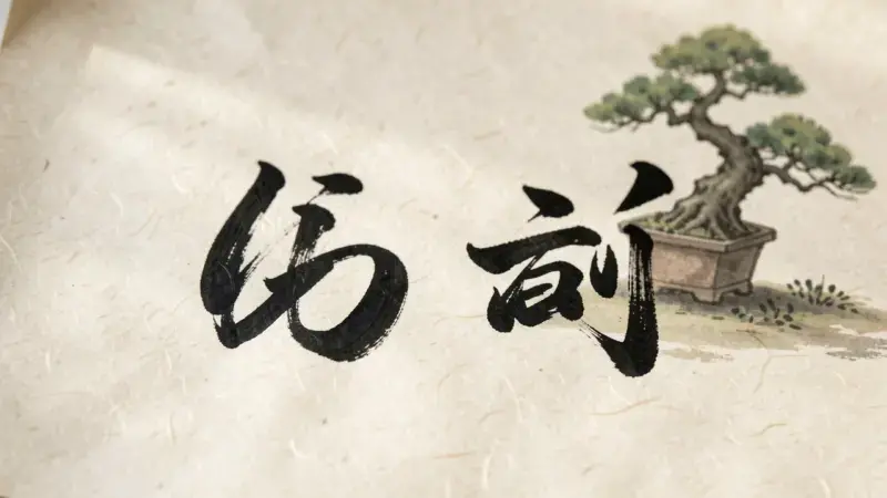 Caligrafia japonesa de los dos kanji del bonsai en tinta sobre papel de arroz con bonsai clasico desenfocado al fondo