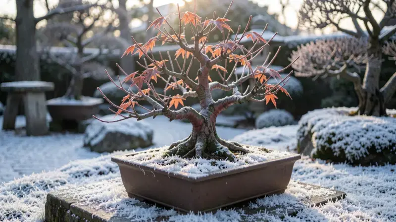 Arce japones bonsai en maceta ceramica rectangular con escarcha helada sobre el sustrato en dormicion invernal con luz matina