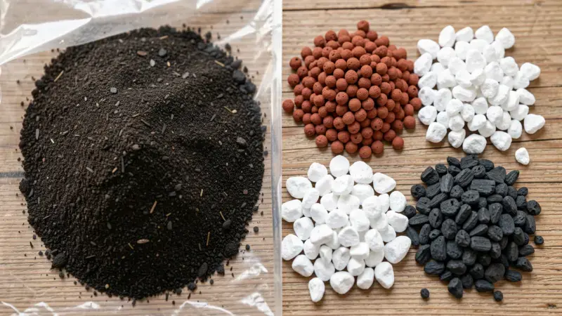 Comparativa tierra bonsai comercial de turba a la izquierda vs sustratos inorganicos japoneses akadama pumice kiryu a la dere