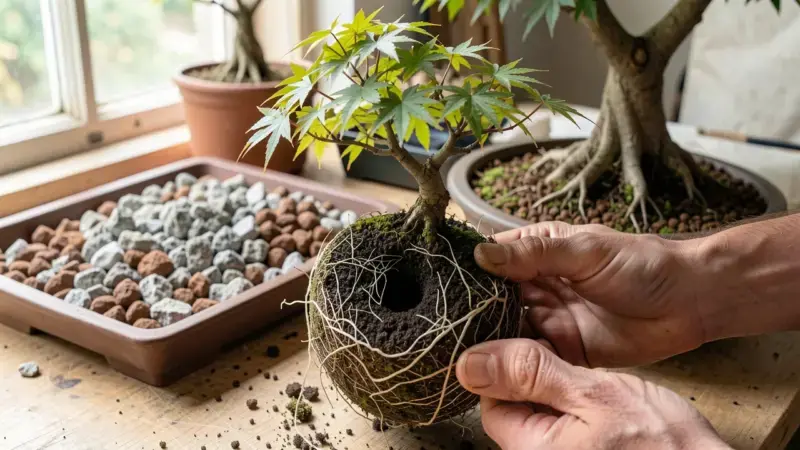 Trasplante bonsai cepellon con raices circulares expuesto junto a nuevo sustrato akadama y pomice para repotting - trasplante