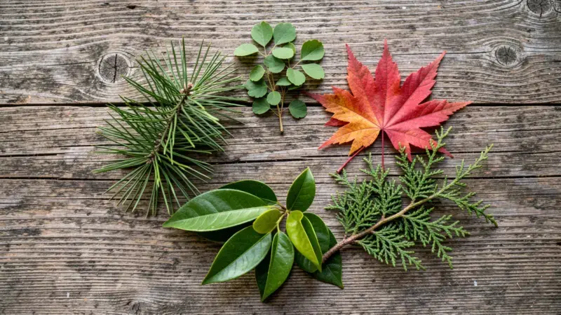 Cinco tipos de hojas de bonsai: aciculas de pino, hojas de zelkova, hojas palmeadas de arce japones en rojo otonal, hojas tro