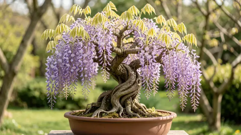 Wisteria floribunda glicinia bonsai con racimos colgantes violeta en floracion primaveral - wisteria bonsai