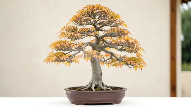 Zelkova serrata keyaki bonsai estilo hokidachi con copa en abanico y hojas doradas - zelkova bonsai